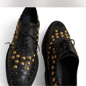 Burberry Black Leather Wingtip Oxfords with Gold Studs